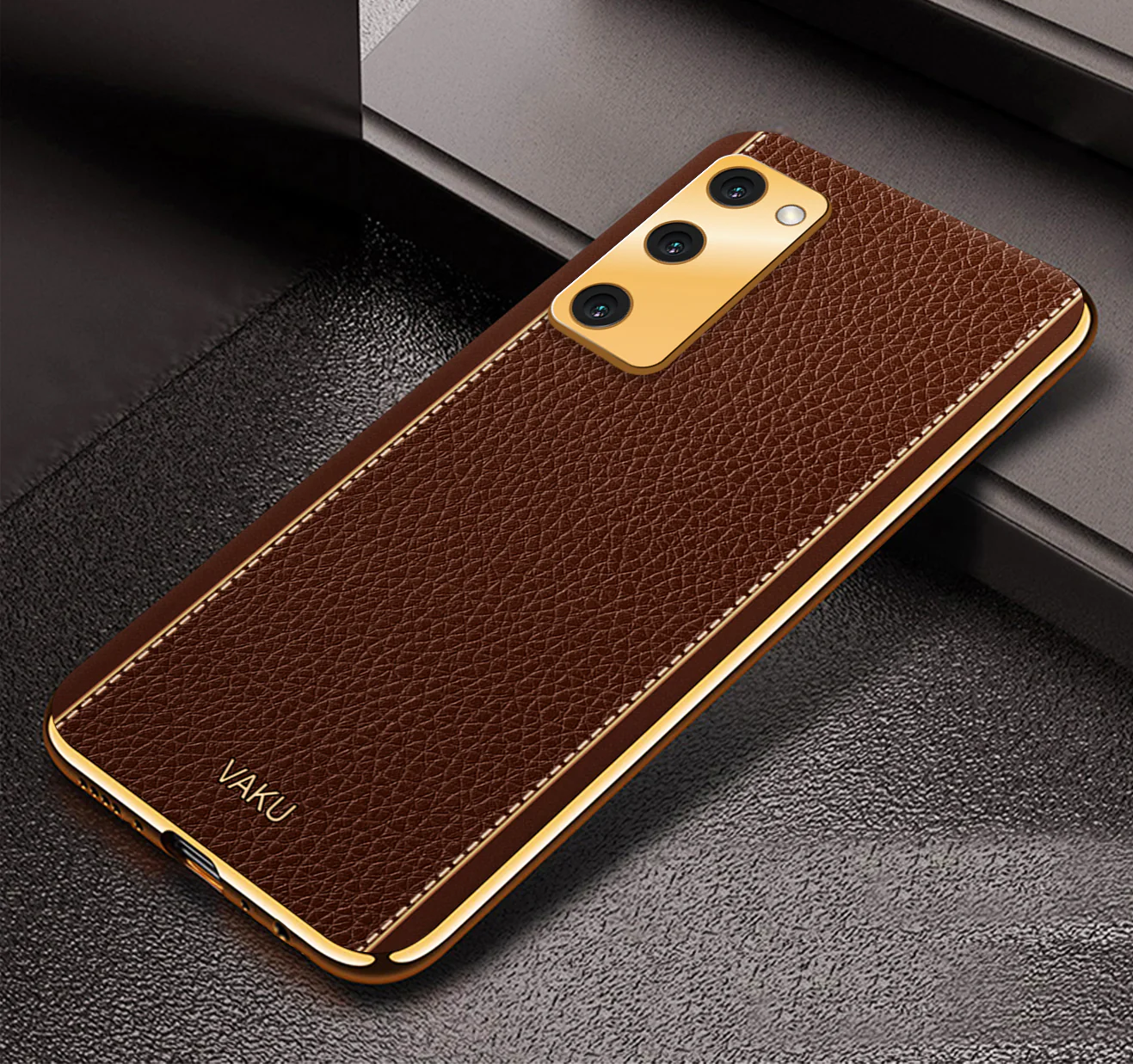 Vaku® Samsung Galaxy S20 FE Luxemberg Series Leather Stitched Gold Electroplated Soft TPU Back Cover - Image 9