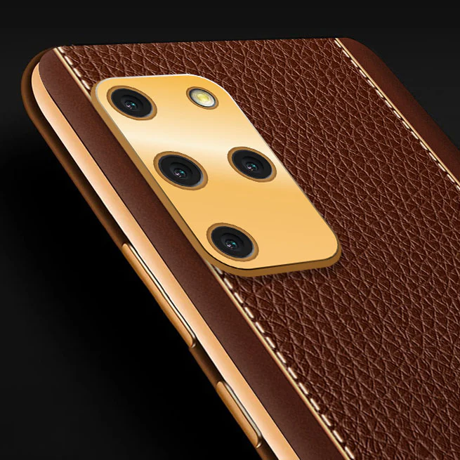 Vaku® Samsung Galaxy S20 Plus Luxemberg Series Leather Stitched Gold Electroplated Soft TPU Back Cover - Image 2