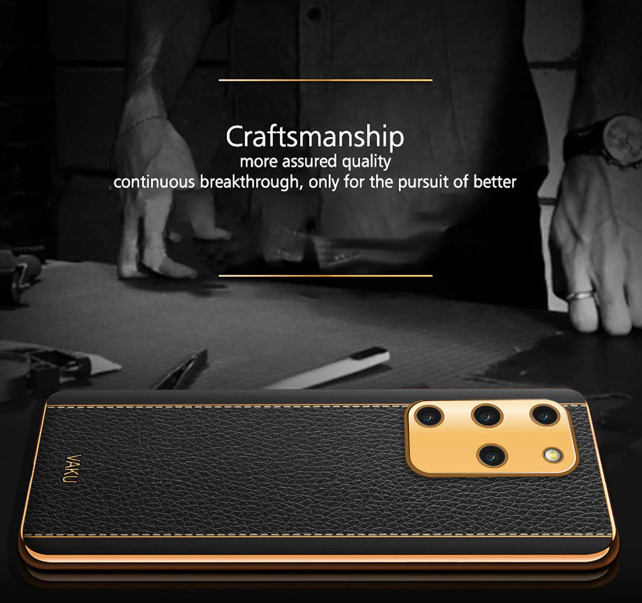 Vaku® Samsung Galaxy S20 Plus Luxemberg Series Leather Stitched Gold Electroplated Soft TPU Back Cover - Image 3