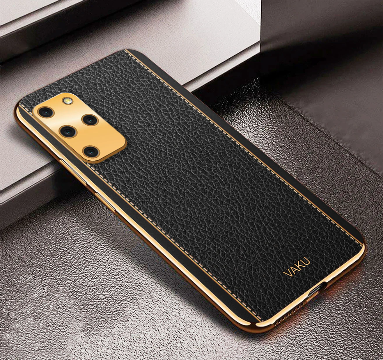 Vaku® Samsung Galaxy S20 Plus Luxemberg Series Leather Stitched Gold Electroplated Soft TPU Back Cover - Image 4