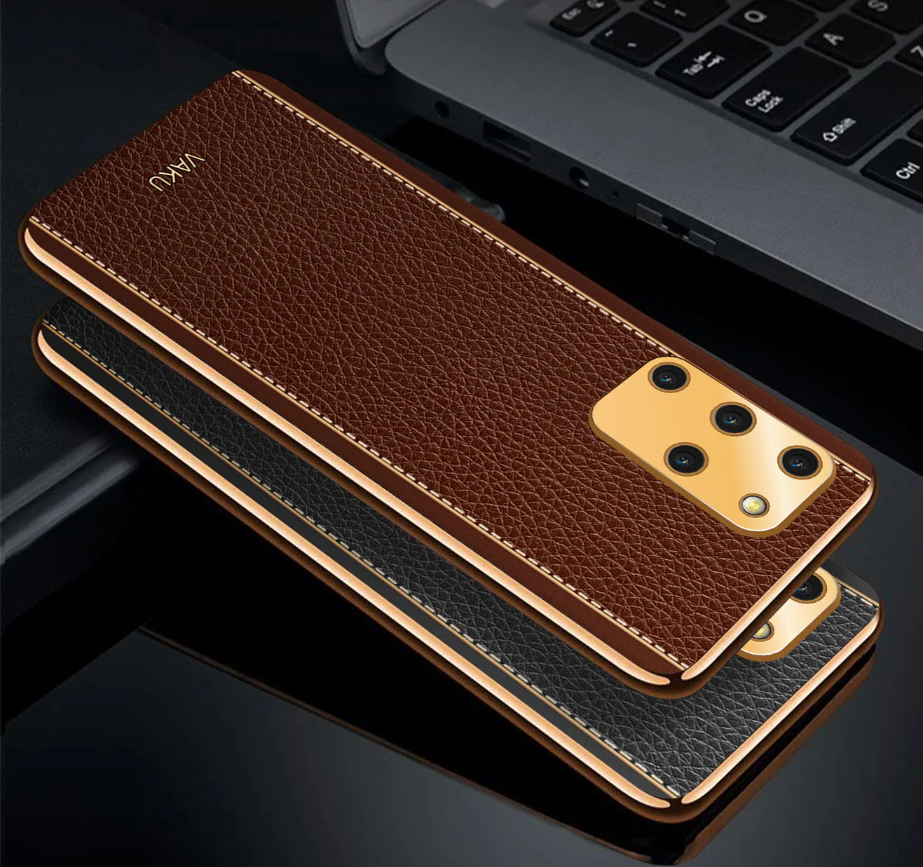 Vaku® Samsung Galaxy S20 Plus Luxemberg Series Leather Stitched Gold Electroplated Soft TPU Back Cover - Image 5