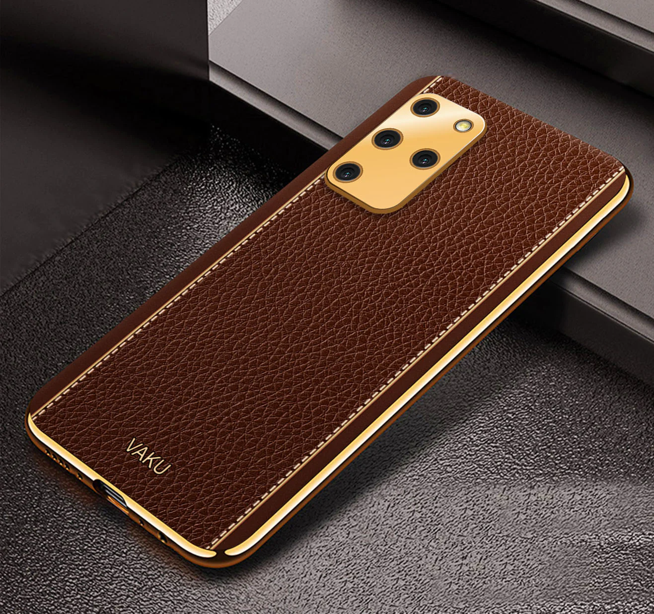 Vaku® Samsung Galaxy S20 Plus Luxemberg Series Leather Stitched Gold Electroplated Soft TPU Back Cover - Image 9