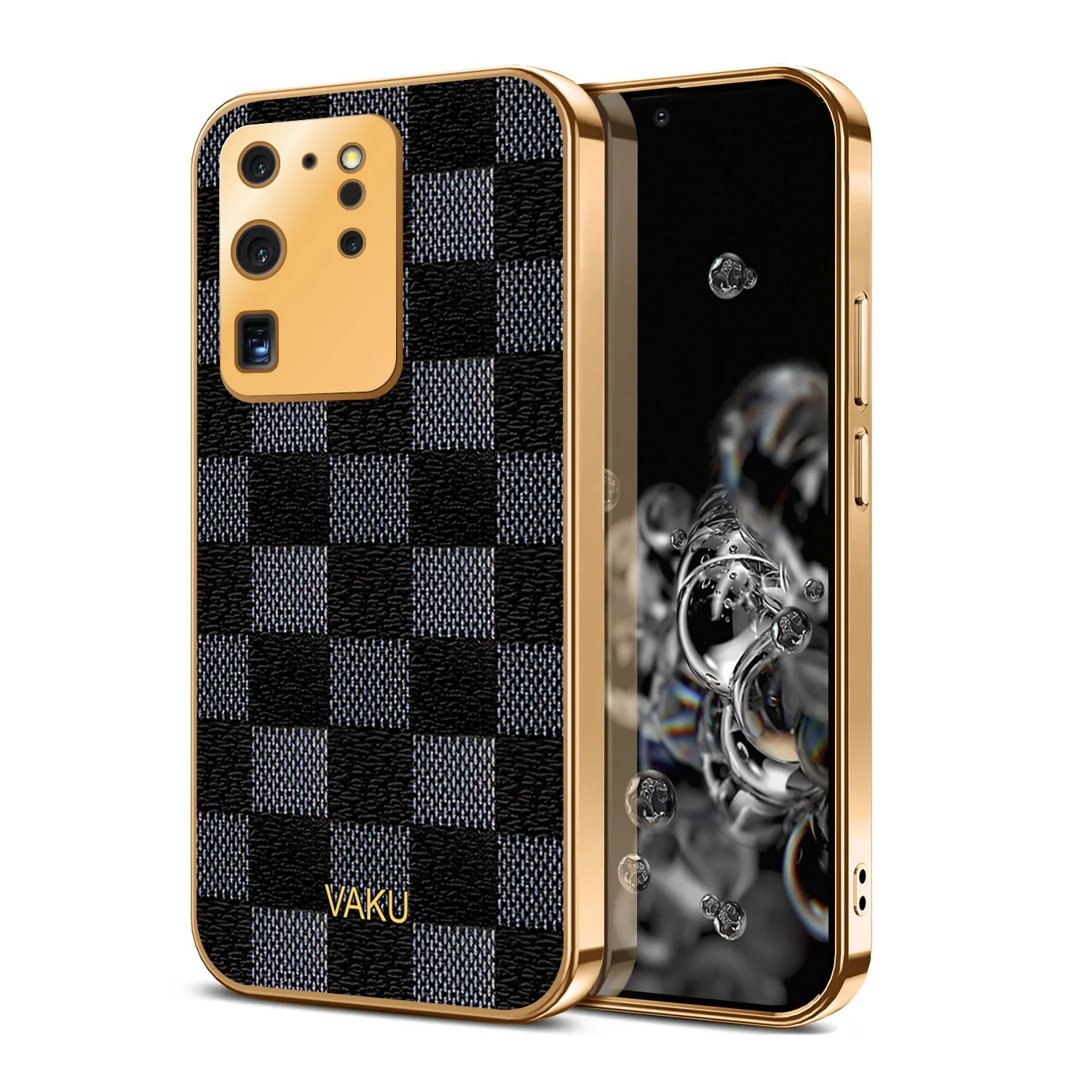 Vaku® Samsung Galaxy S20 Ultra Cheron Series Leather Stitched Gold Electroplated Soft TPU Back Cover - Image 2