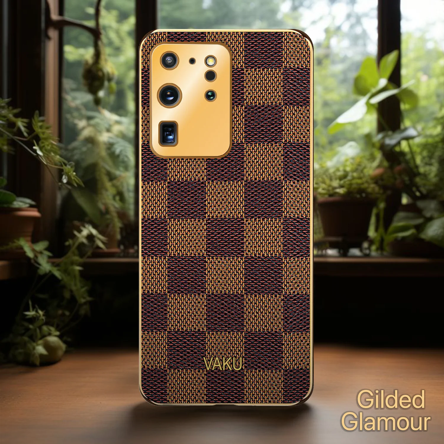 Vaku® Samsung Galaxy S20 Ultra Cheron Series Leather Stitched Gold Electroplated Soft TPU Back Cover - Image 3