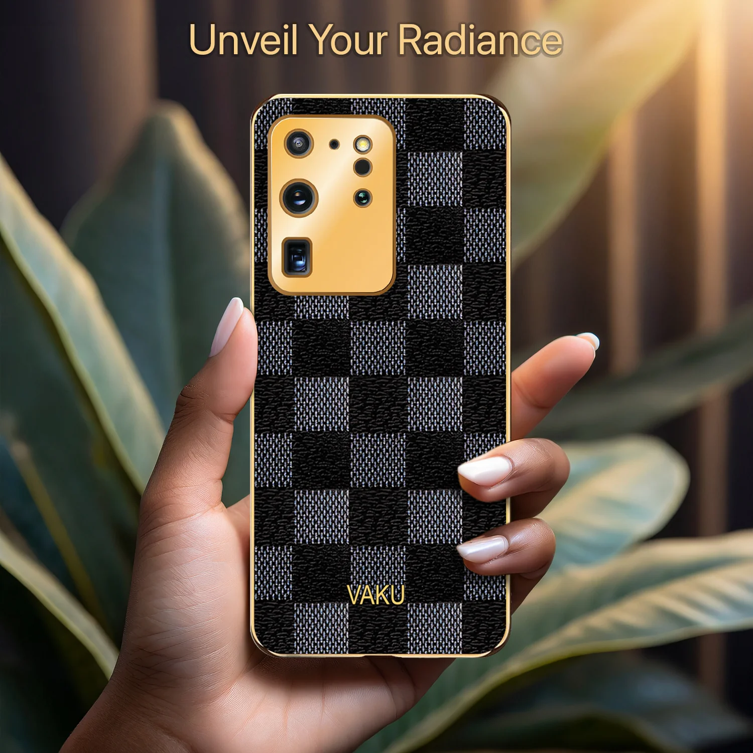 Vaku® Samsung Galaxy S20 Ultra Cheron Series Leather Stitched Gold Electroplated Soft TPU Back Cover - Image 4
