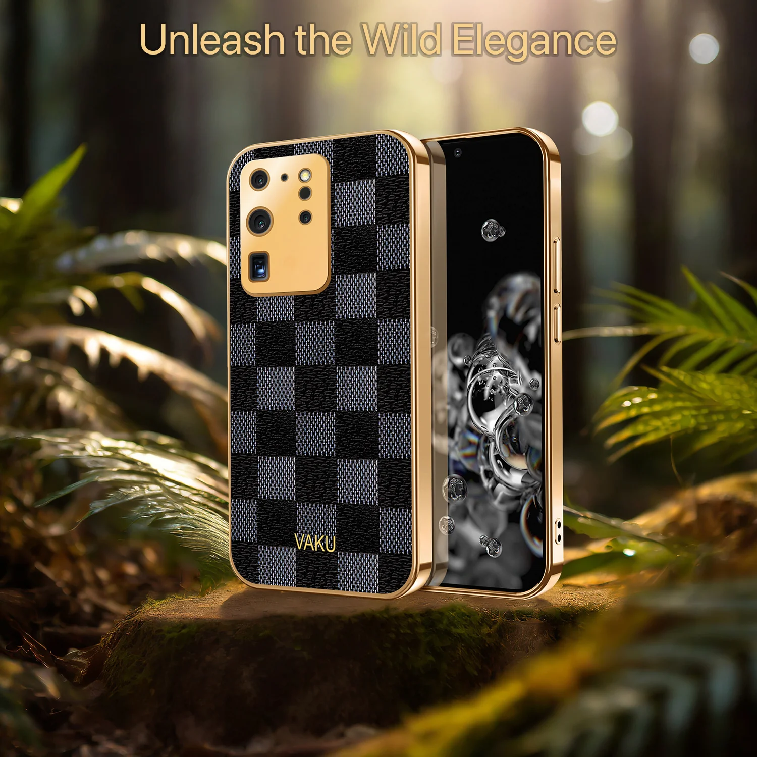 Vaku® Samsung Galaxy S20 Ultra Cheron Series Leather Stitched Gold Electroplated Soft TPU Back Cover - Image 5