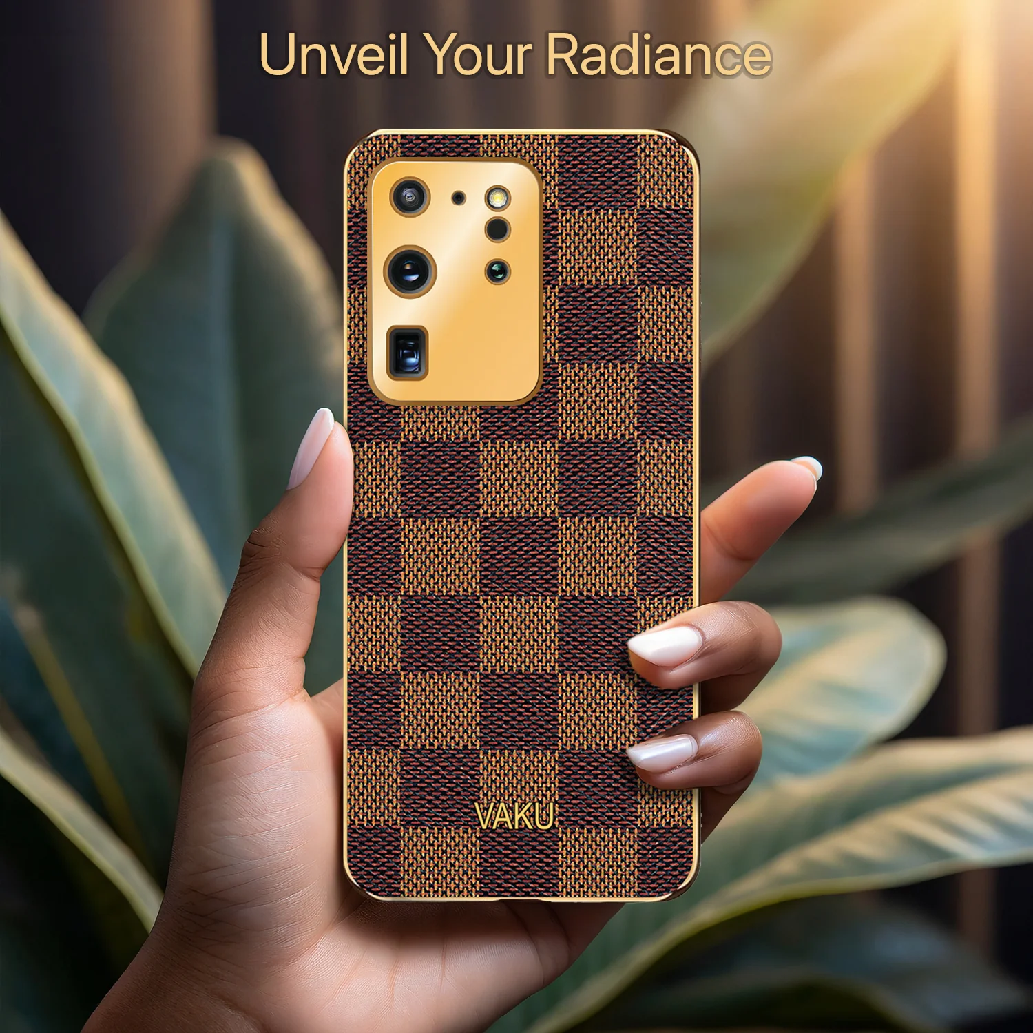 Vaku® Samsung Galaxy S20 Ultra Cheron Series Leather Stitched Gold Electroplated Soft TPU Back Cover - Image 6
