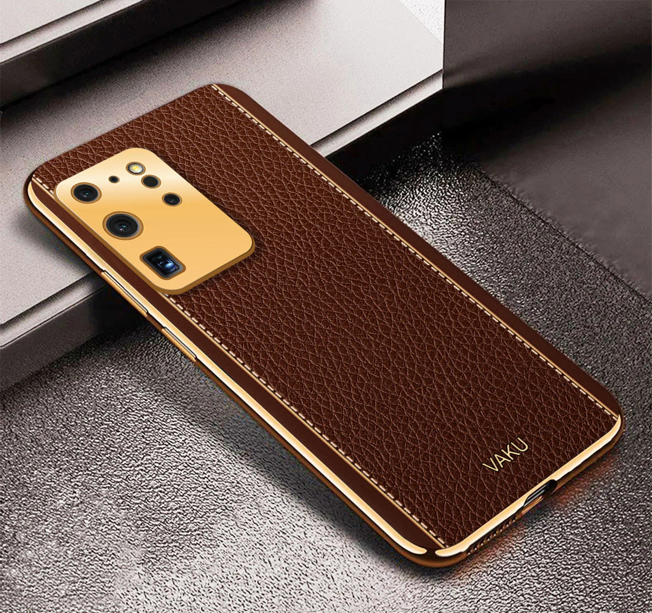 Vaku® Samsung Galaxy S20 Ultra Luxemberg Series Leather Stitched Gold Electroplated Soft TPU Back Cover