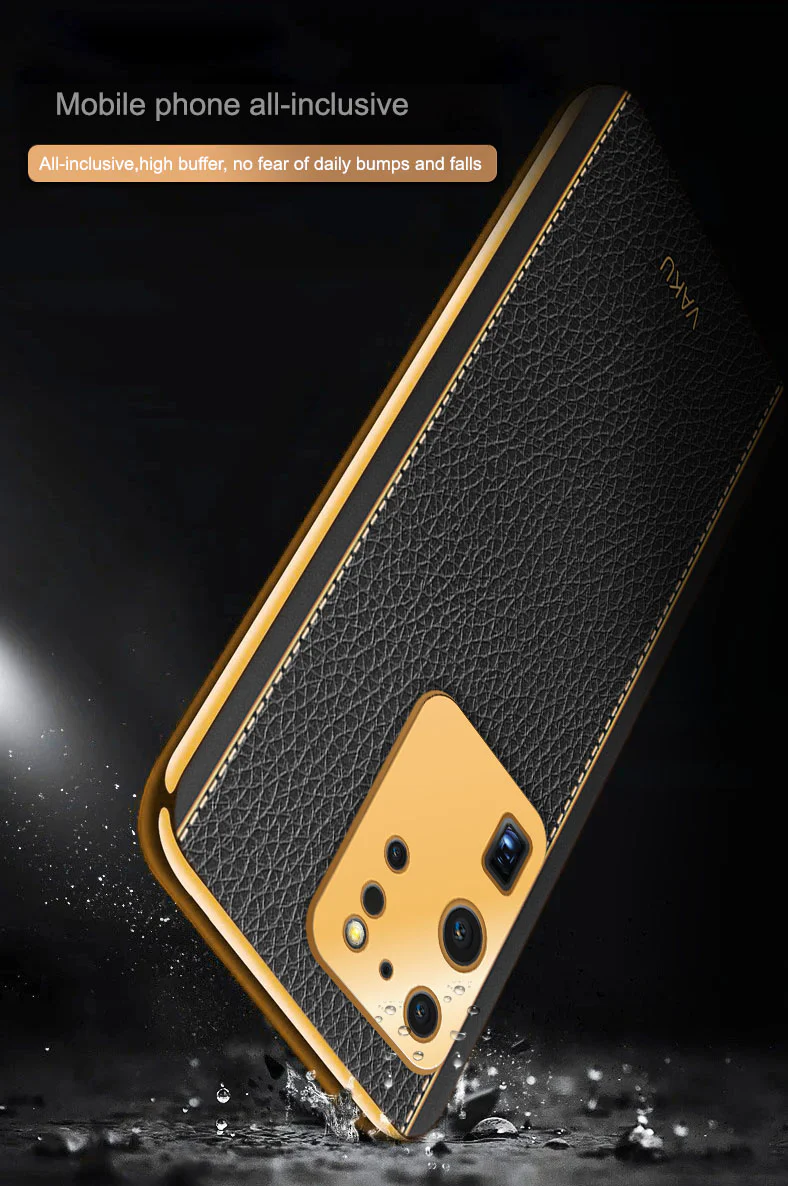 Vaku® Samsung Galaxy S20 Ultra Luxemberg Series Leather Stitched Gold Electroplated Soft TPU Back Cover - Image 10