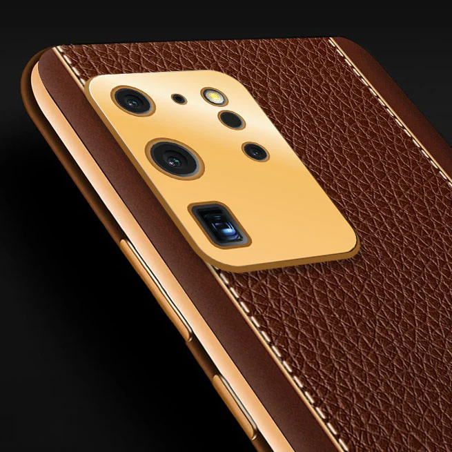 Vaku® Samsung Galaxy S20 Ultra Luxemberg Series Leather Stitched Gold Electroplated Soft TPU Back Cover - Image 2