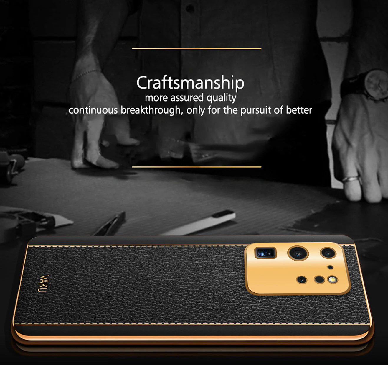 Vaku® Samsung Galaxy S20 Ultra Luxemberg Series Leather Stitched Gold Electroplated Soft TPU Back Cover - Image 3