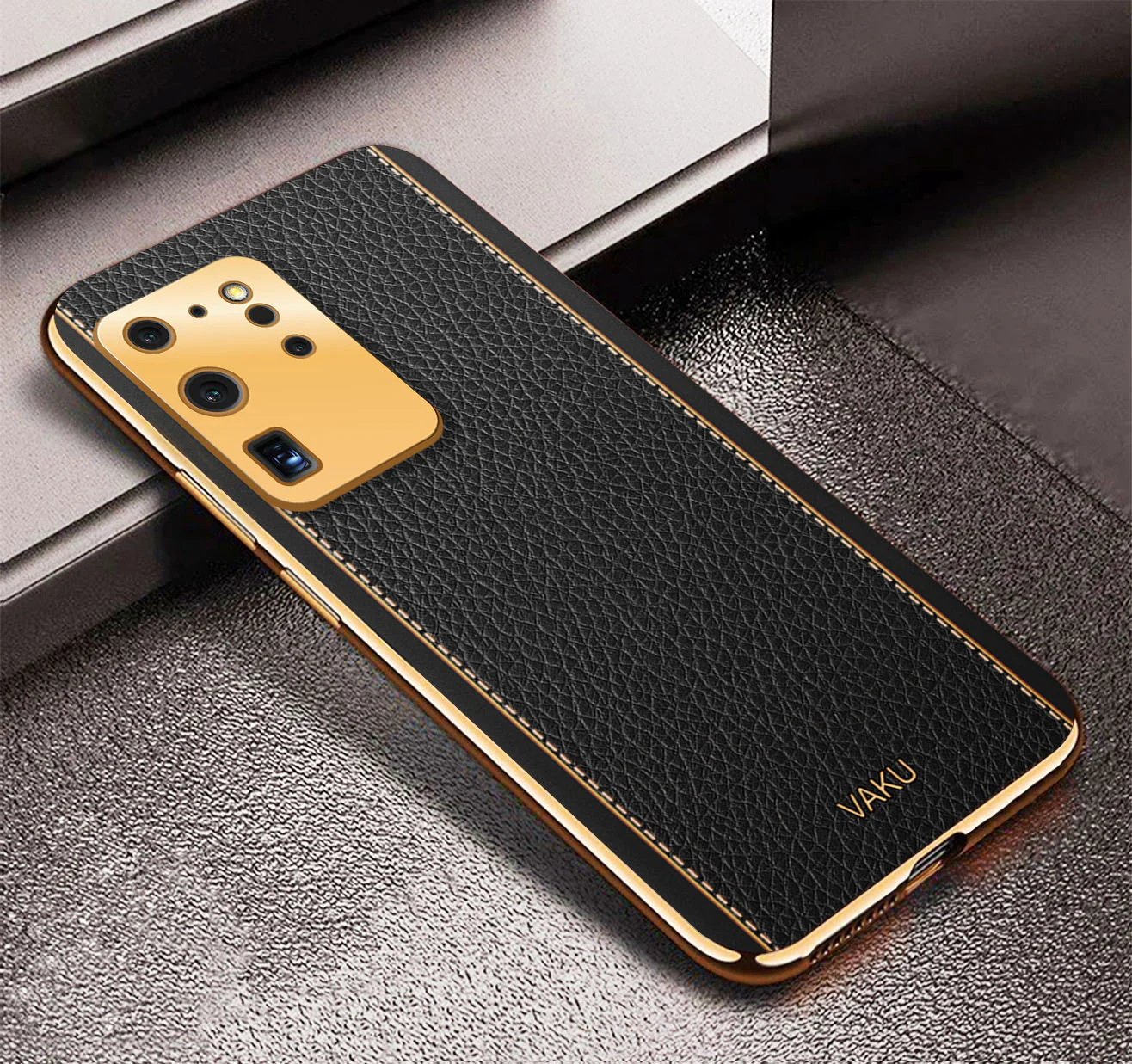 Vaku® Samsung Galaxy S20 Ultra Luxemberg Series Leather Stitched Gold Electroplated Soft TPU Back Cover - Image 5