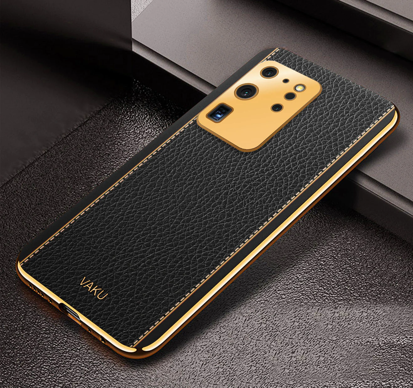 Vaku® Samsung Galaxy S20 Ultra Luxemberg Series Leather Stitched Gold Electroplated Soft TPU Back Cover - Image 6