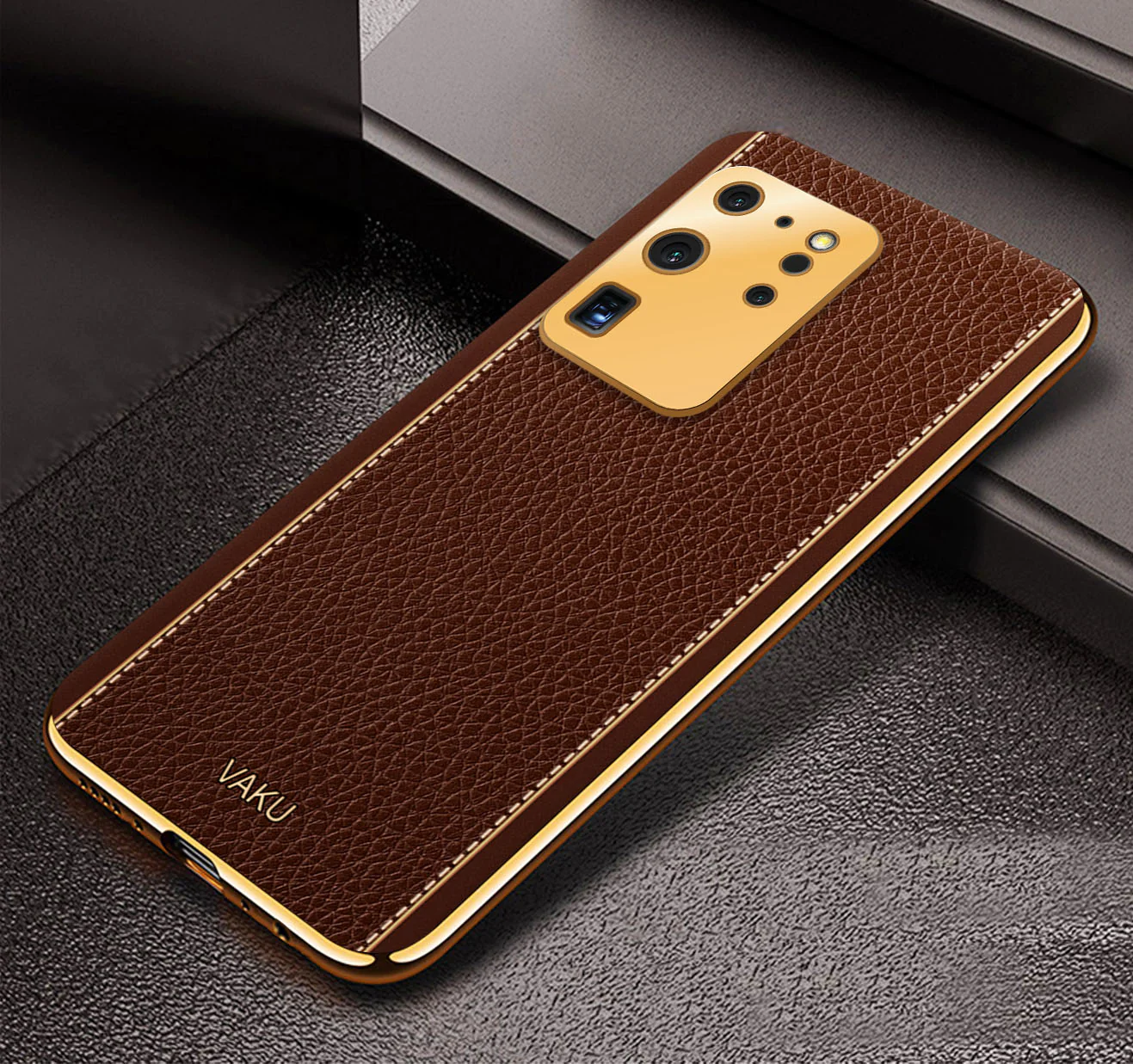 Vaku® Samsung Galaxy S20 Ultra Luxemberg Series Leather Stitched Gold Electroplated Soft TPU Back Cover - Image 8