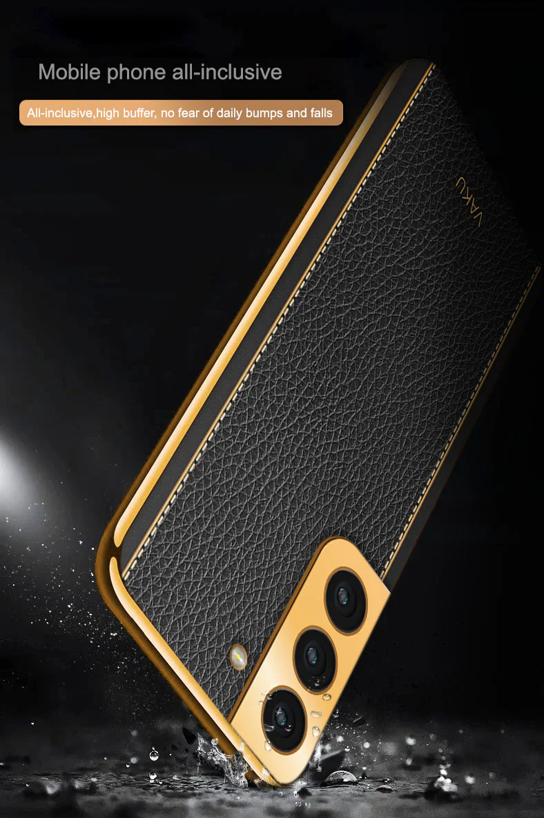 Vaku® Samsung Galaxy S21 Luxemberg Series Leather Stitched Gold Electroplated Soft TPU Back Cover - Image 11