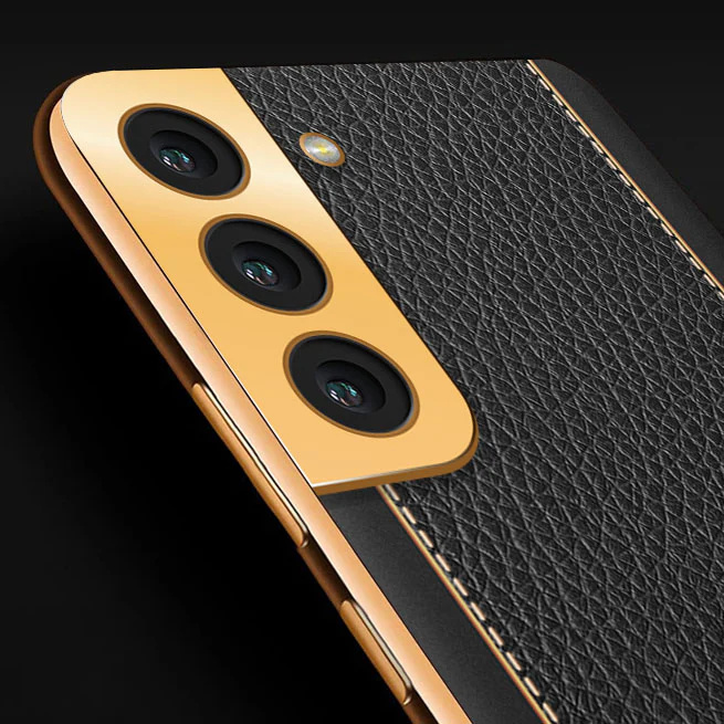 Vaku® Samsung Galaxy S21 Luxemberg Series Leather Stitched Gold Electroplated Soft TPU Back Cover - Image 2