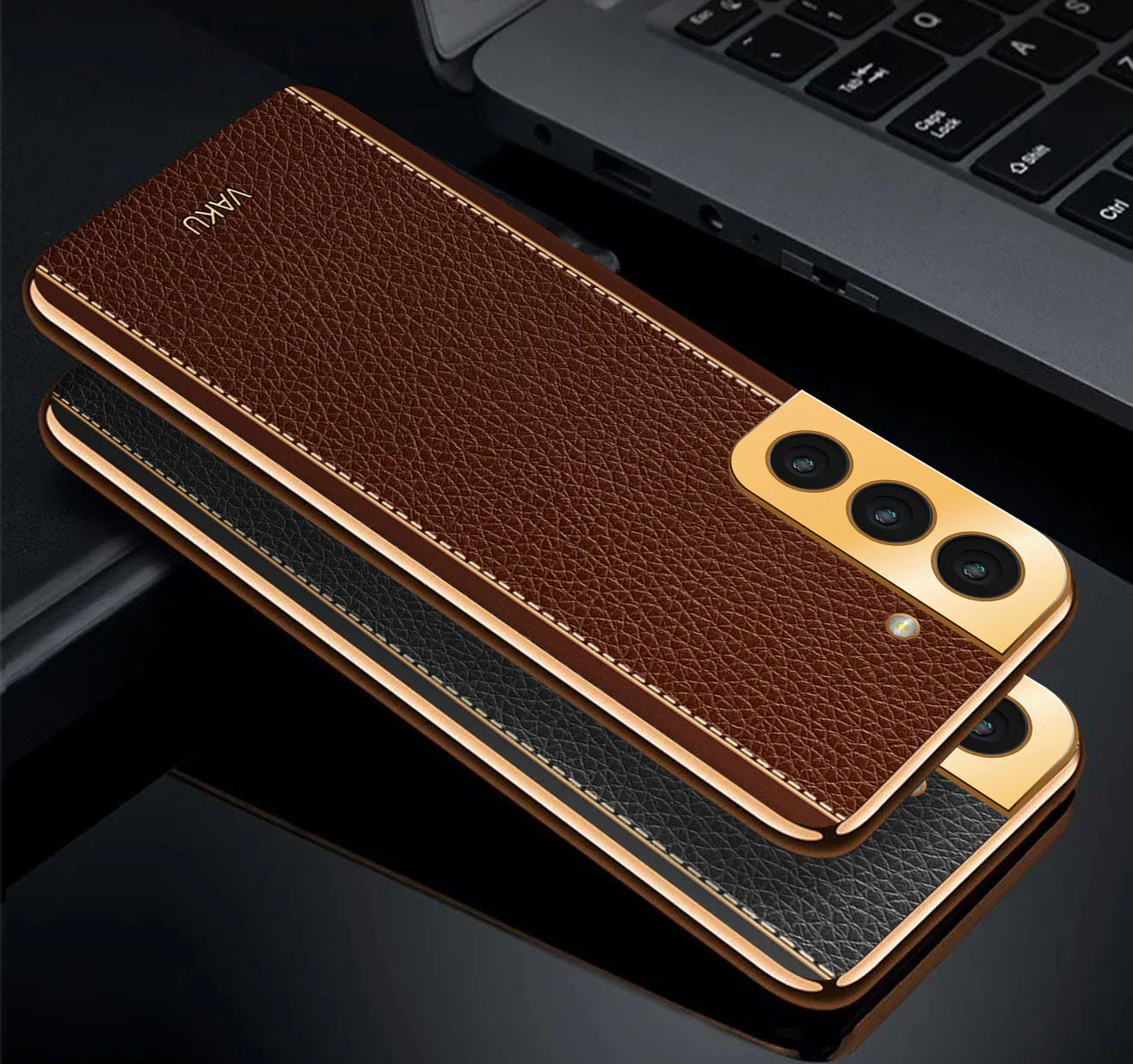 Vaku® Samsung Galaxy S21 Luxemberg Series Leather Stitched Gold Electroplated Soft TPU Back Cover - Image 3