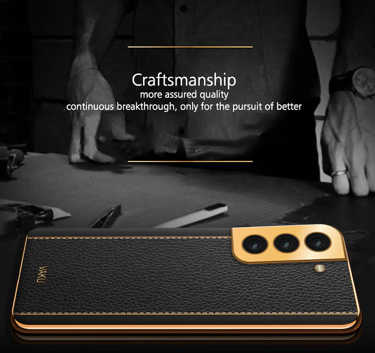 Vaku® Samsung Galaxy S21 Luxemberg Series Leather Stitched Gold Electroplated Soft TPU Back Cover - Image 4