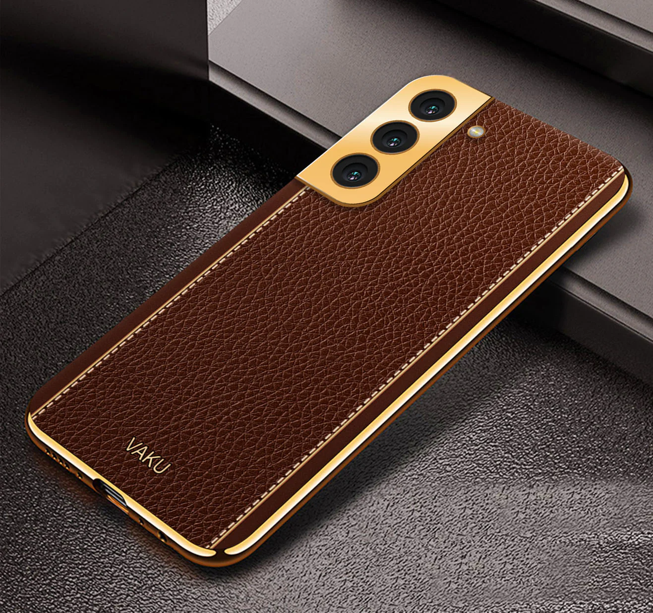 Vaku® Samsung Galaxy S21 Luxemberg Series Leather Stitched Gold Electroplated Soft TPU Back Cover - Image 5