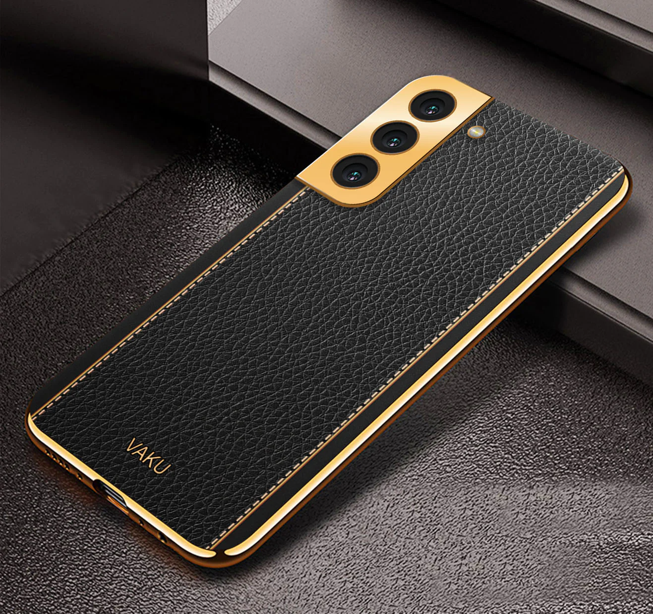 Vaku® Samsung Galaxy S21 Luxemberg Series Leather Stitched Gold Electroplated Soft TPU Back Cover - Image 9