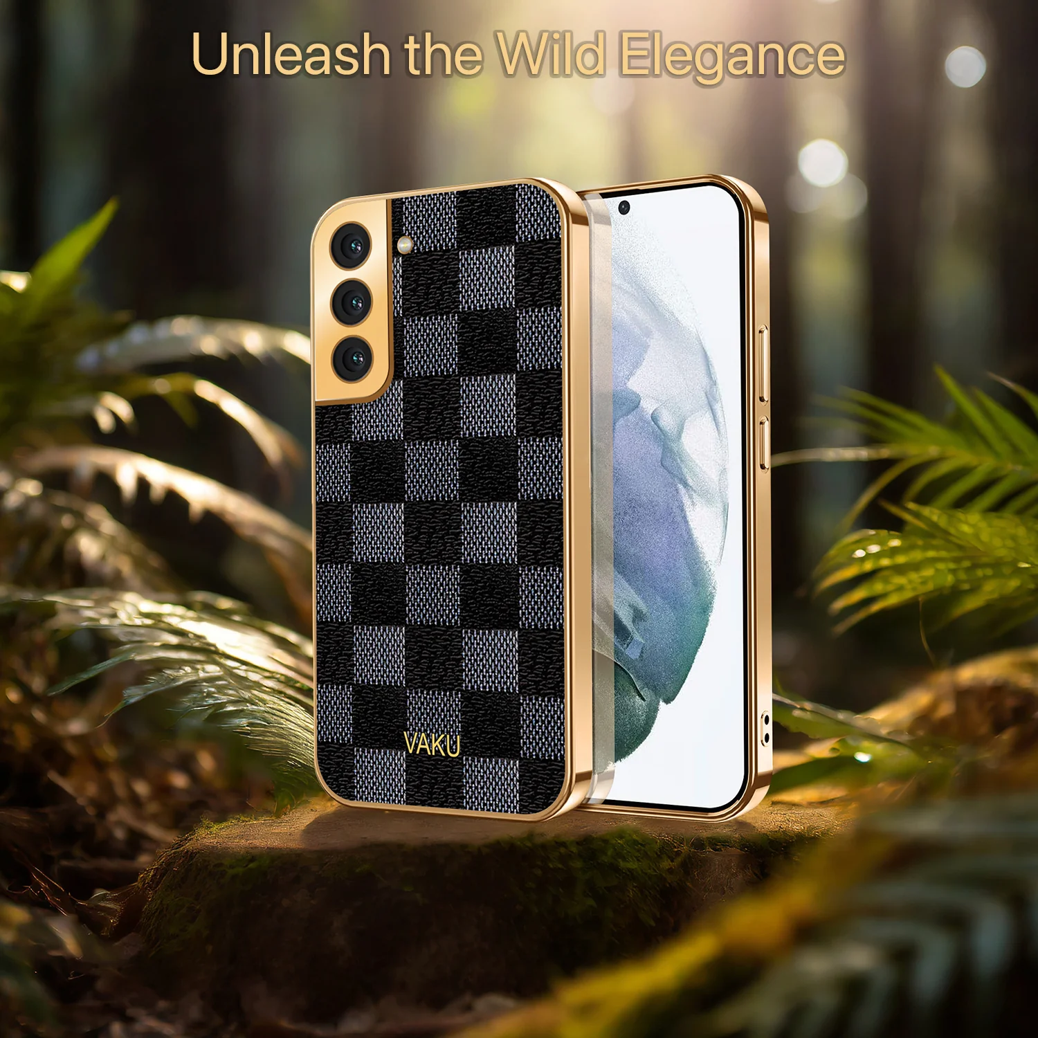 Vaku® Samsung Galaxy S21 Plus Cheron Series Leather Stitched Gold Electroplated Soft TPU Back Cover - Image 5