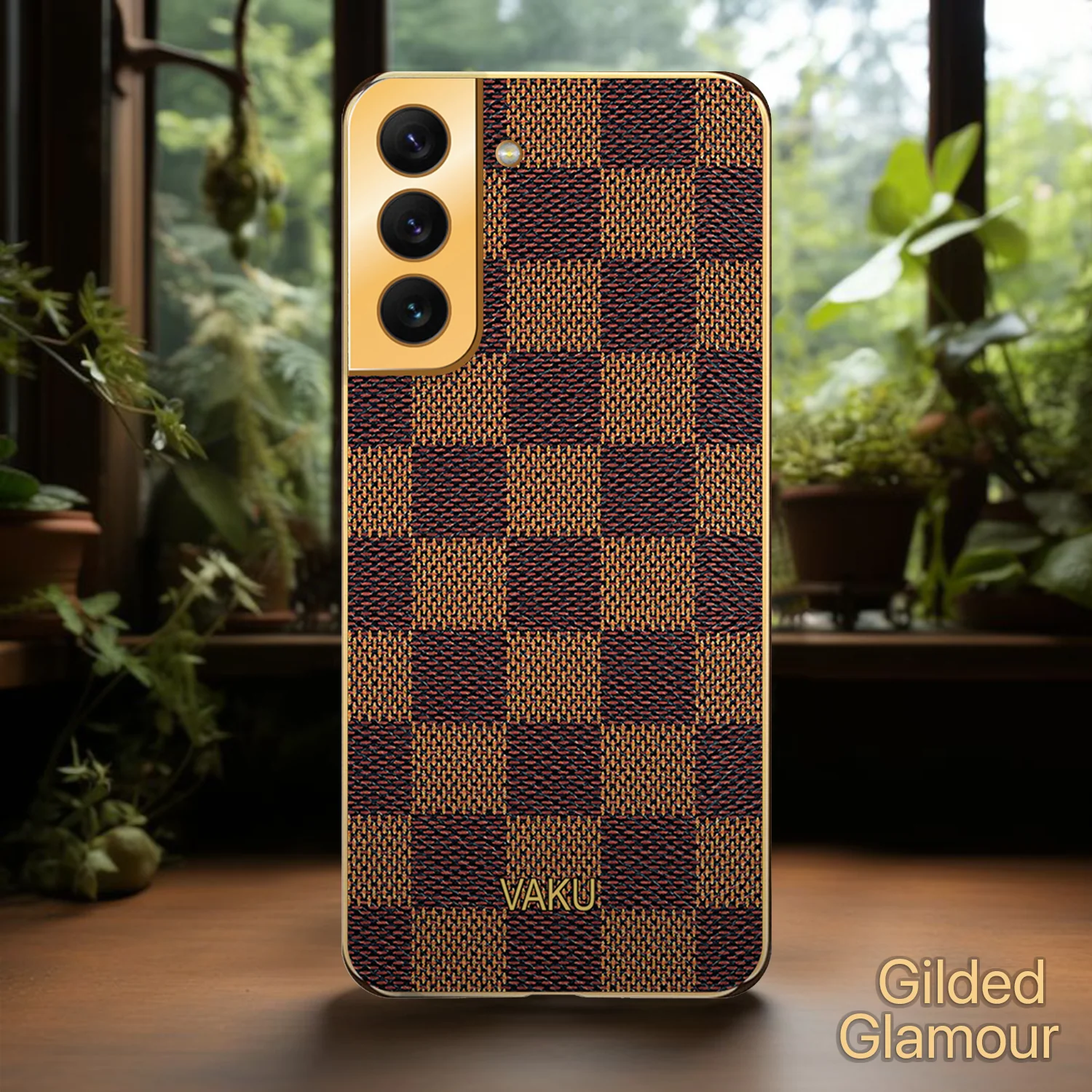 Vaku® Samsung Galaxy S21 Plus Cheron Series Leather Stitched Gold Electroplated Soft TPU Back Cover - Image 6