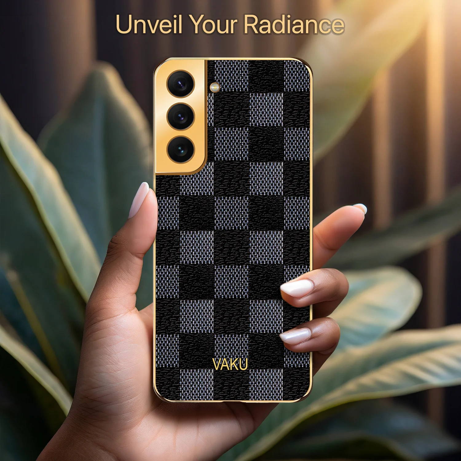Vaku® Samsung Galaxy S21 Plus Cheron Series Leather Stitched Gold Electroplated Soft TPU Back Cover - Image 7