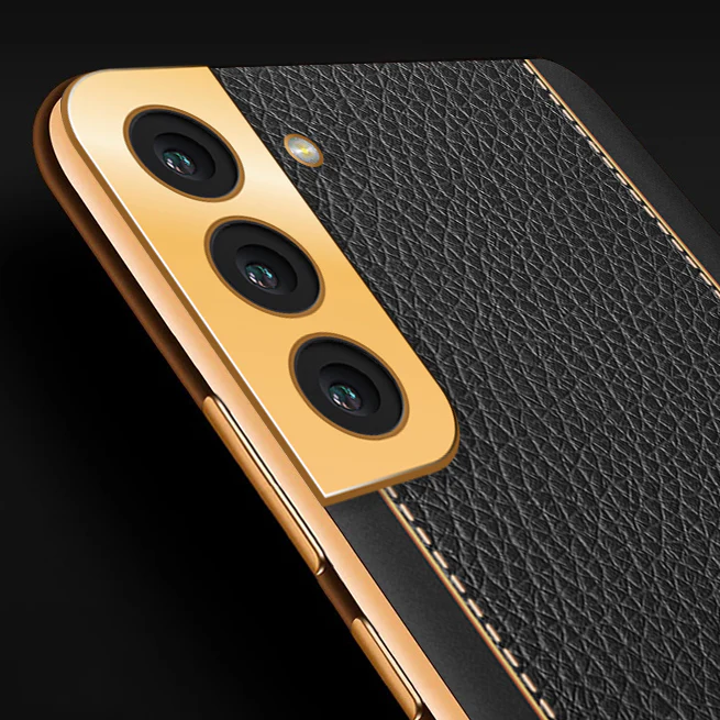 Vaku® Samsung Galaxy S21 Plus Luxemberg Series Leather Stitched Gold Electroplated Soft TPU Back Cover - Image 2