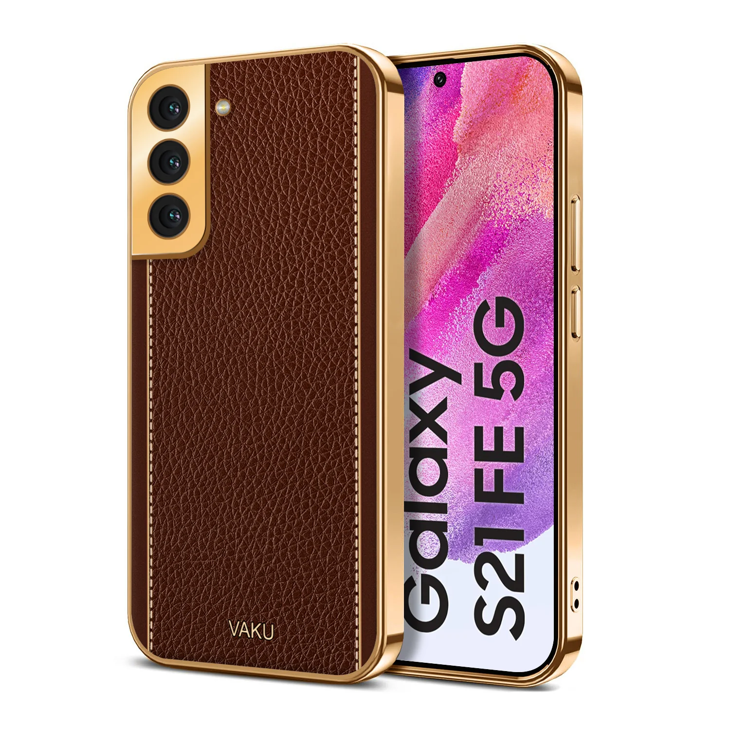 Vaku® Samsung Galaxy S21 Plus Luxemberg Series Leather Stitched Gold Electroplated Soft TPU Back Cover - Image 5
