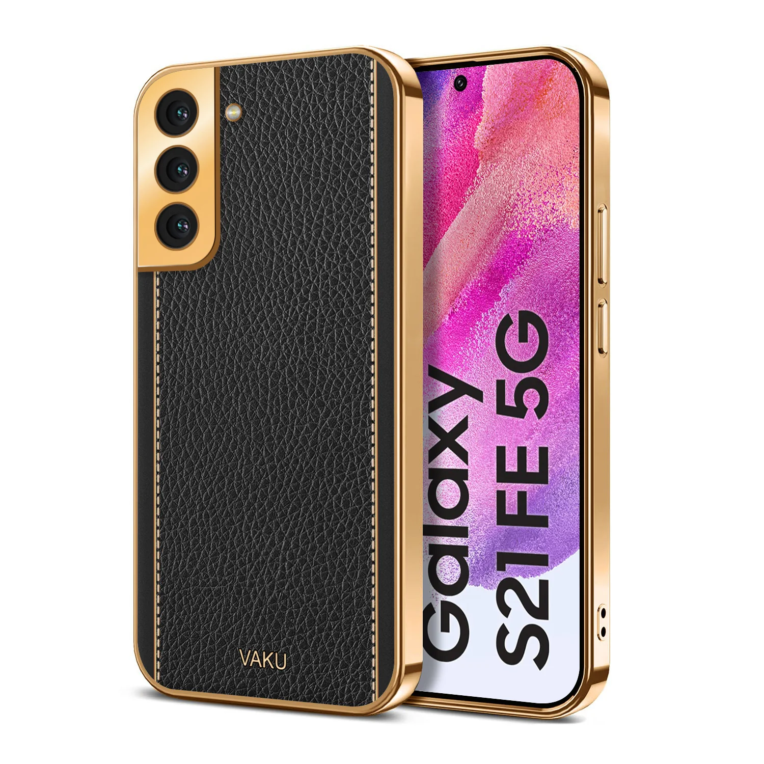Vaku® Samsung Galaxy S21 Plus Luxemberg Series Leather Stitched Gold Electroplated Soft TPU Back Cover - Image 7
