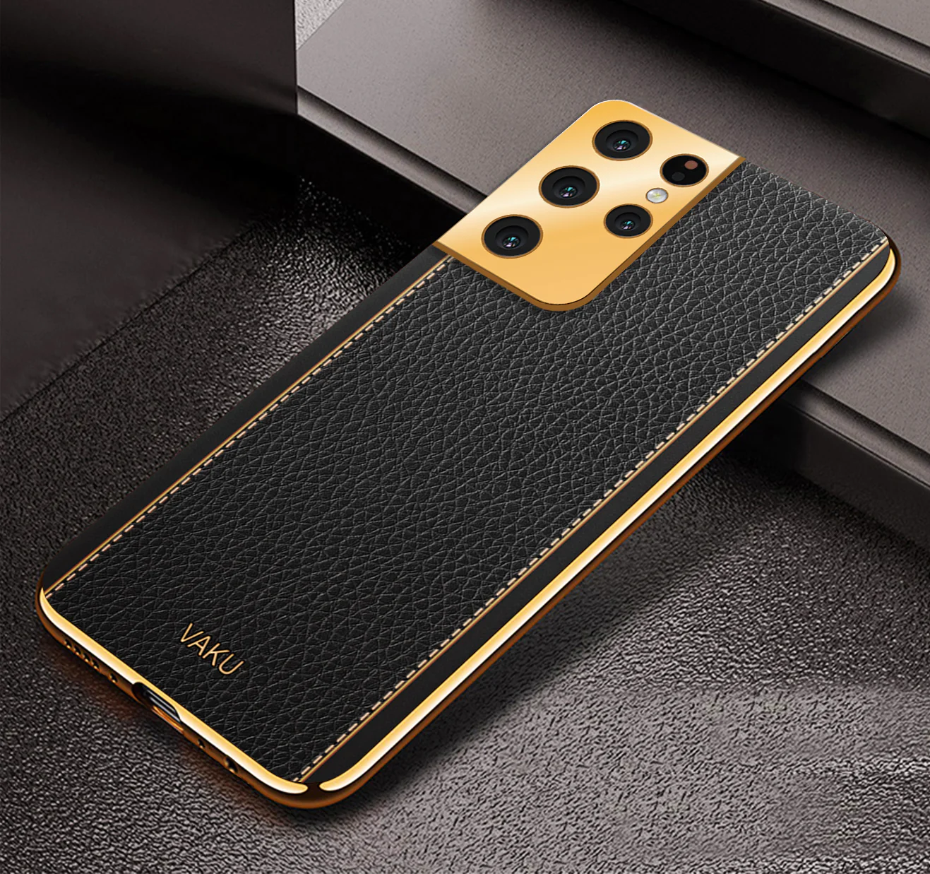 Vaku® Samsung Galaxy S21 Ultra Luxemberg Series Leather Stitched Gold Electroplated Soft TPU Back Cover - Image 10