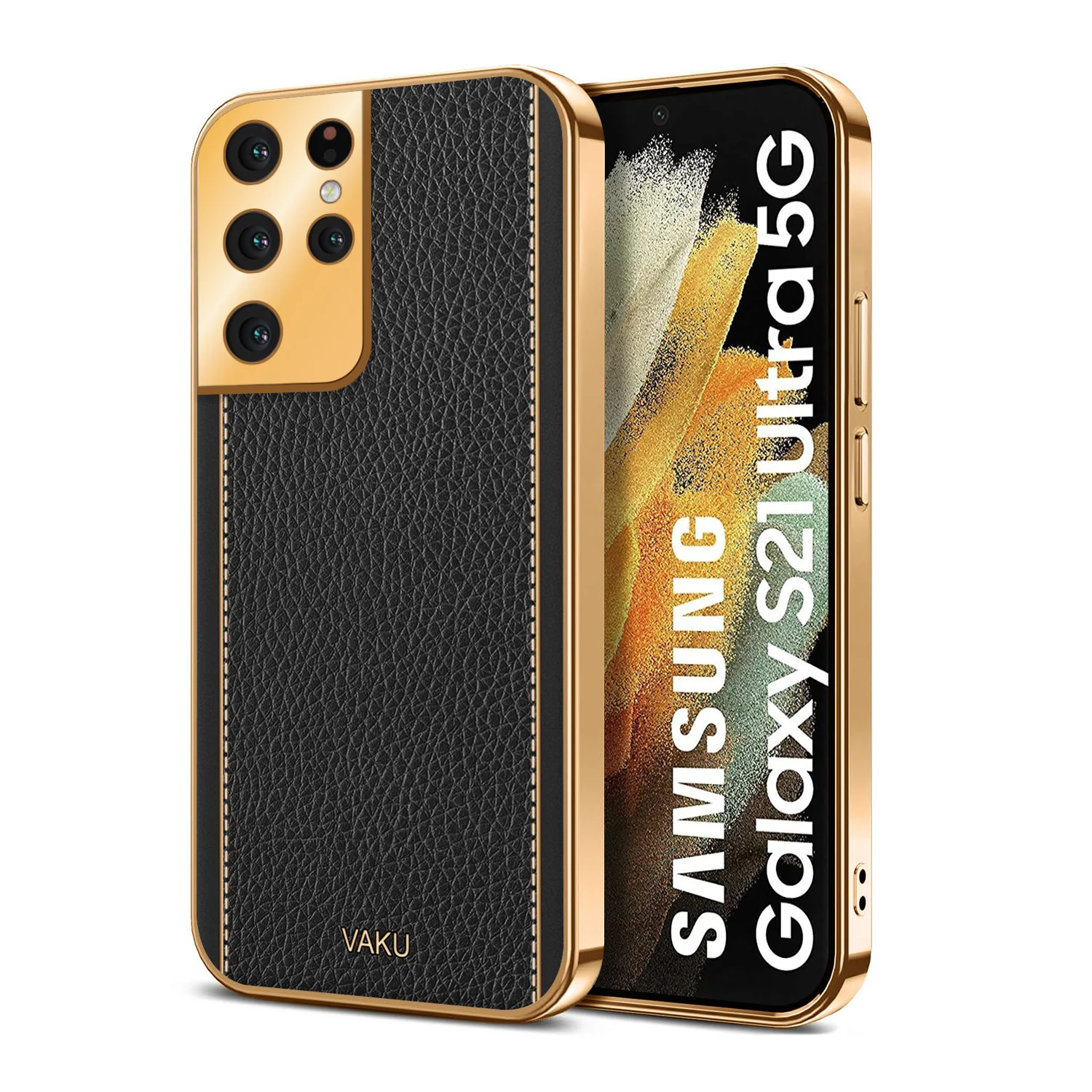 Vaku® Samsung Galaxy S21 Ultra Luxemberg Series Leather Stitched Gold Electroplated Soft TPU Back Cover - Image 13