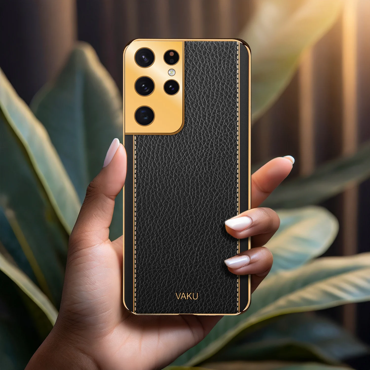 Vaku® Samsung Galaxy S21 Ultra Luxemberg Series Leather Stitched Gold Electroplated Soft TPU Back Cover - Image 15