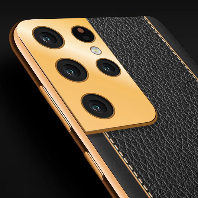 Vaku® Samsung Galaxy S21 Ultra Luxemberg Series Leather Stitched Gold Electroplated Soft TPU Back Cover - Image 2