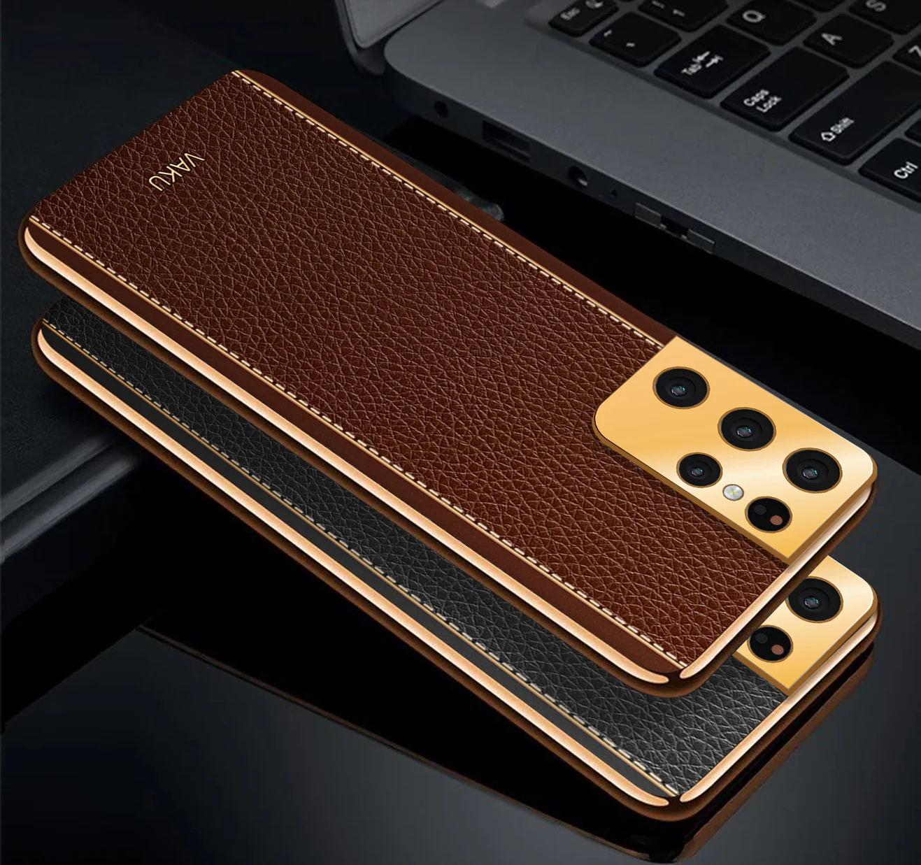 Vaku® Samsung Galaxy S21 Ultra Luxemberg Series Leather Stitched Gold Electroplated Soft TPU Back Cover - Image 3