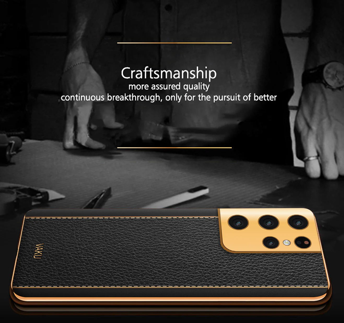Vaku® Samsung Galaxy S21 Ultra Luxemberg Series Leather Stitched Gold Electroplated Soft TPU Back Cover - Image 4