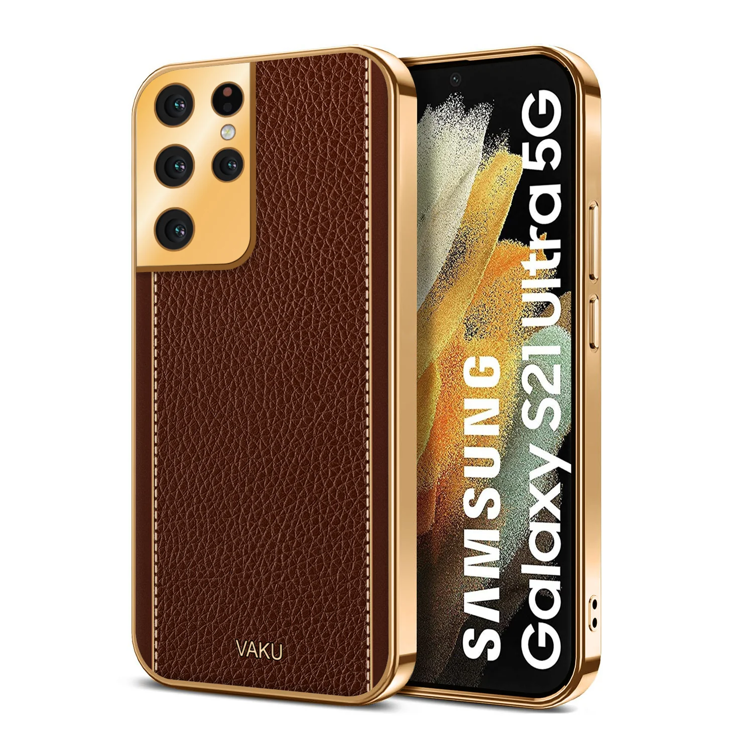 Vaku® Samsung Galaxy S21 Ultra Luxemberg Series Leather Stitched Gold Electroplated Soft TPU Back Cover - Image 5