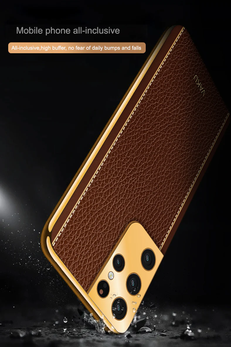 Vaku® Samsung Galaxy S21 Ultra Luxemberg Series Leather Stitched Gold Electroplated Soft TPU Back Cover - Image 6