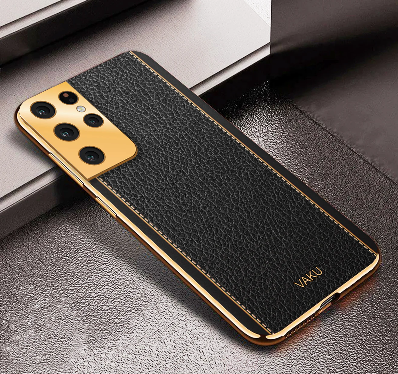 Vaku® Samsung Galaxy S21 Ultra Luxemberg Series Leather Stitched Gold Electroplated Soft TPU Back Cover - Image 7