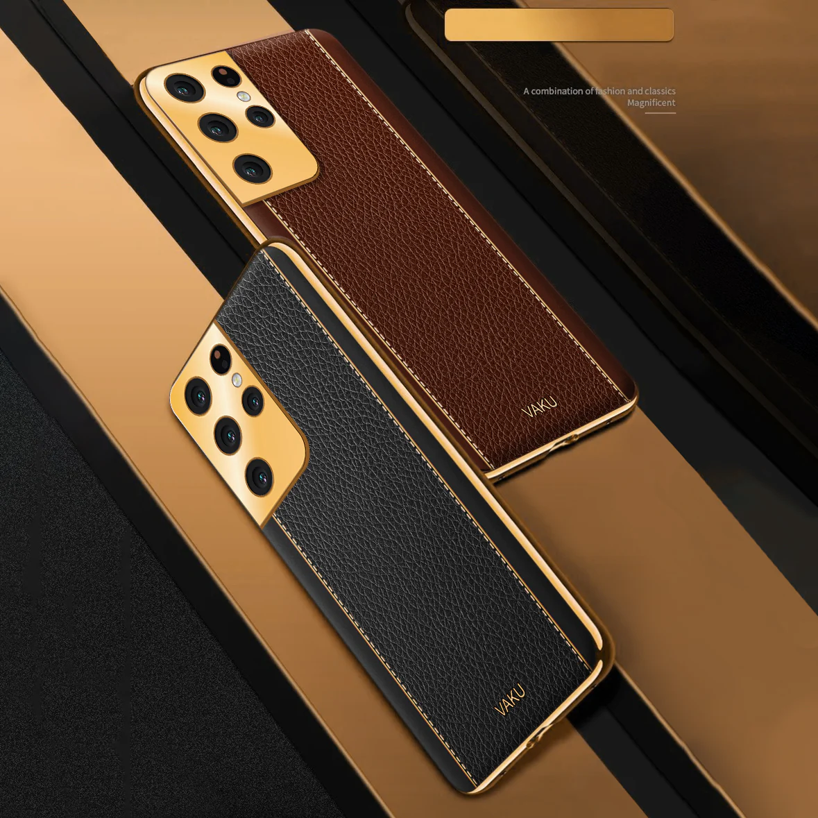 Vaku® Samsung Galaxy S21 Ultra Luxemberg Series Leather Stitched Gold Electroplated Soft TPU Back Cover - Image 8