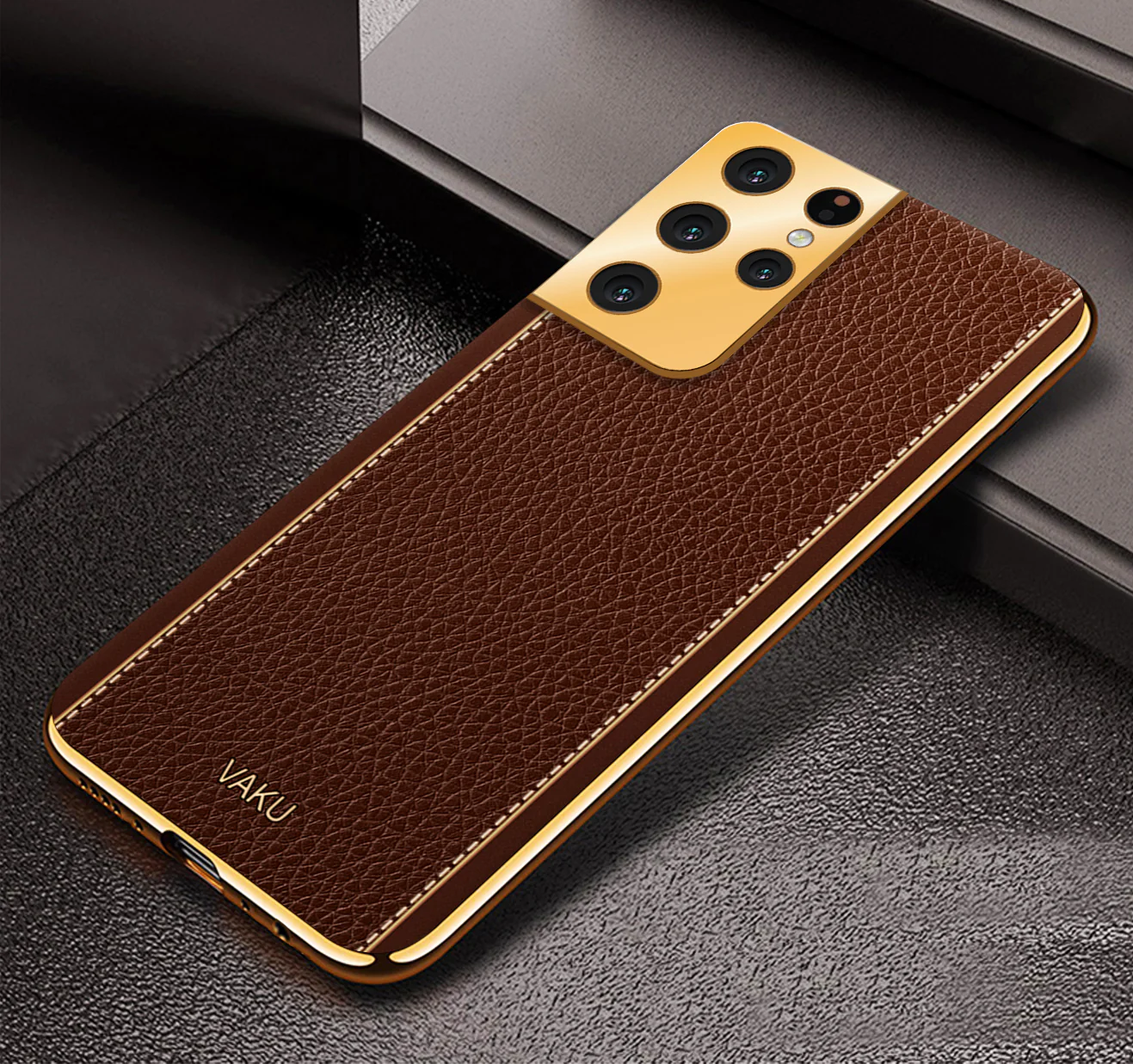Vaku® Samsung Galaxy S21 Ultra Luxemberg Series Leather Stitched Gold Electroplated Soft TPU Back Cover - Image 9
