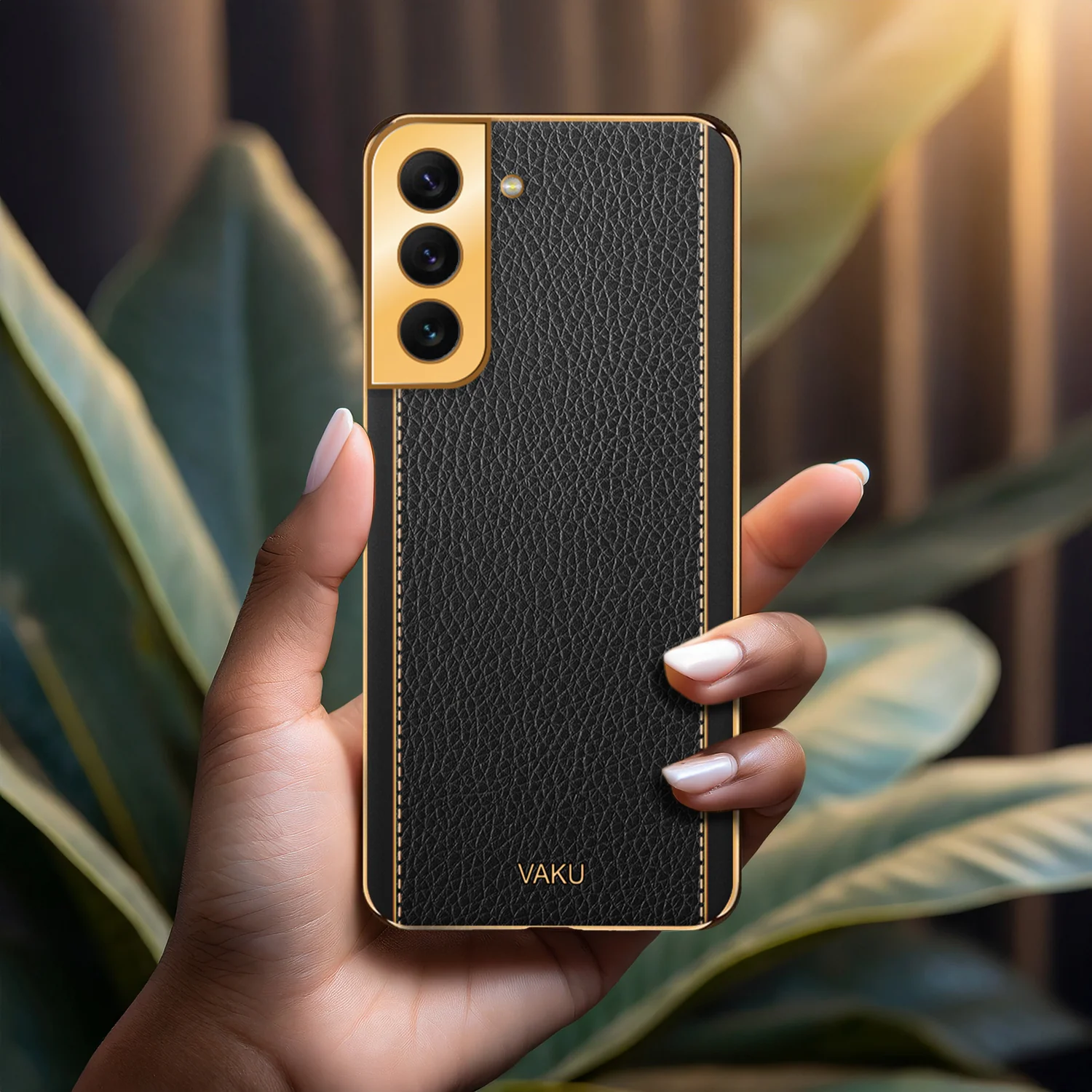 Vaku® Samsung Galaxy S22 Luxemberg Series Leather Stitched Gold Electroplated Soft TPU Back Cover - Image 13