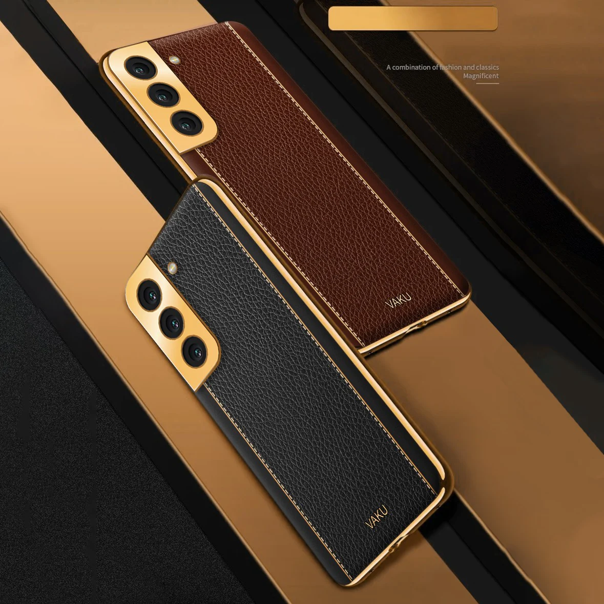 Vaku® Samsung Galaxy S22 Luxemberg Series Leather Stitched Gold Electroplated Soft TPU Back Cover - Image 6