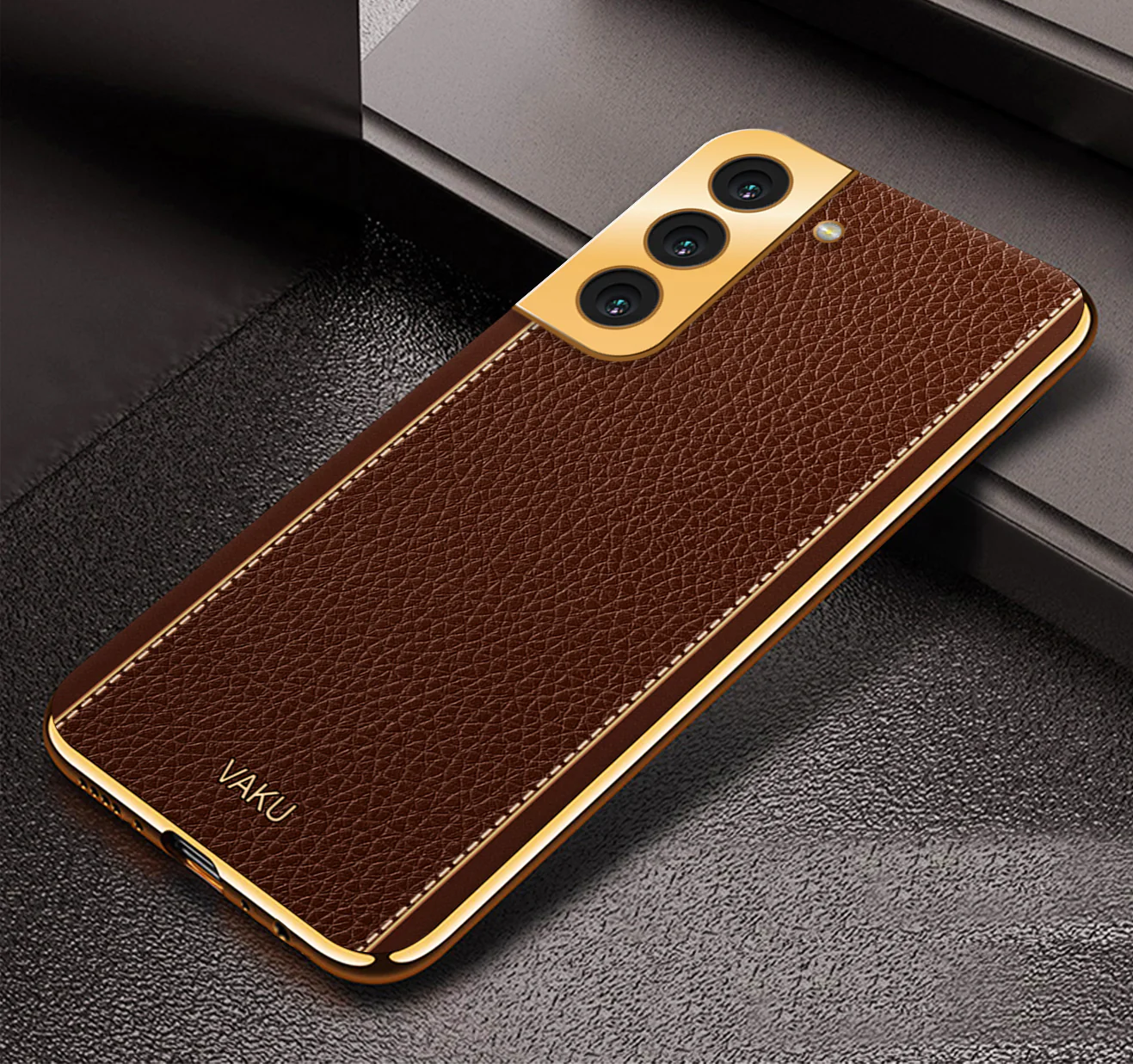 Vaku® Samsung Galaxy S22 Plus Luxemberg Series Leather Stitched Gold Electroplated Soft TPU Back Cover - Image 15
