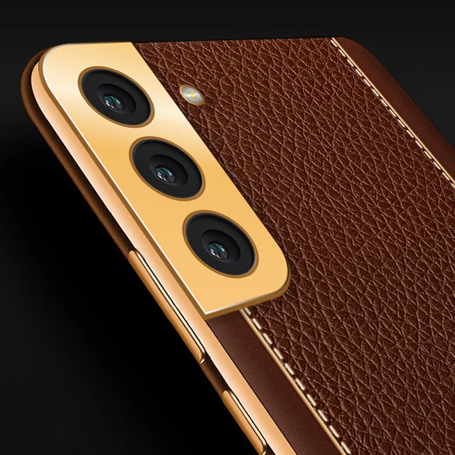 Vaku® Samsung Galaxy S22 Plus Luxemberg Series Leather Stitched Gold Electroplated Soft TPU Back Cover - Image 2