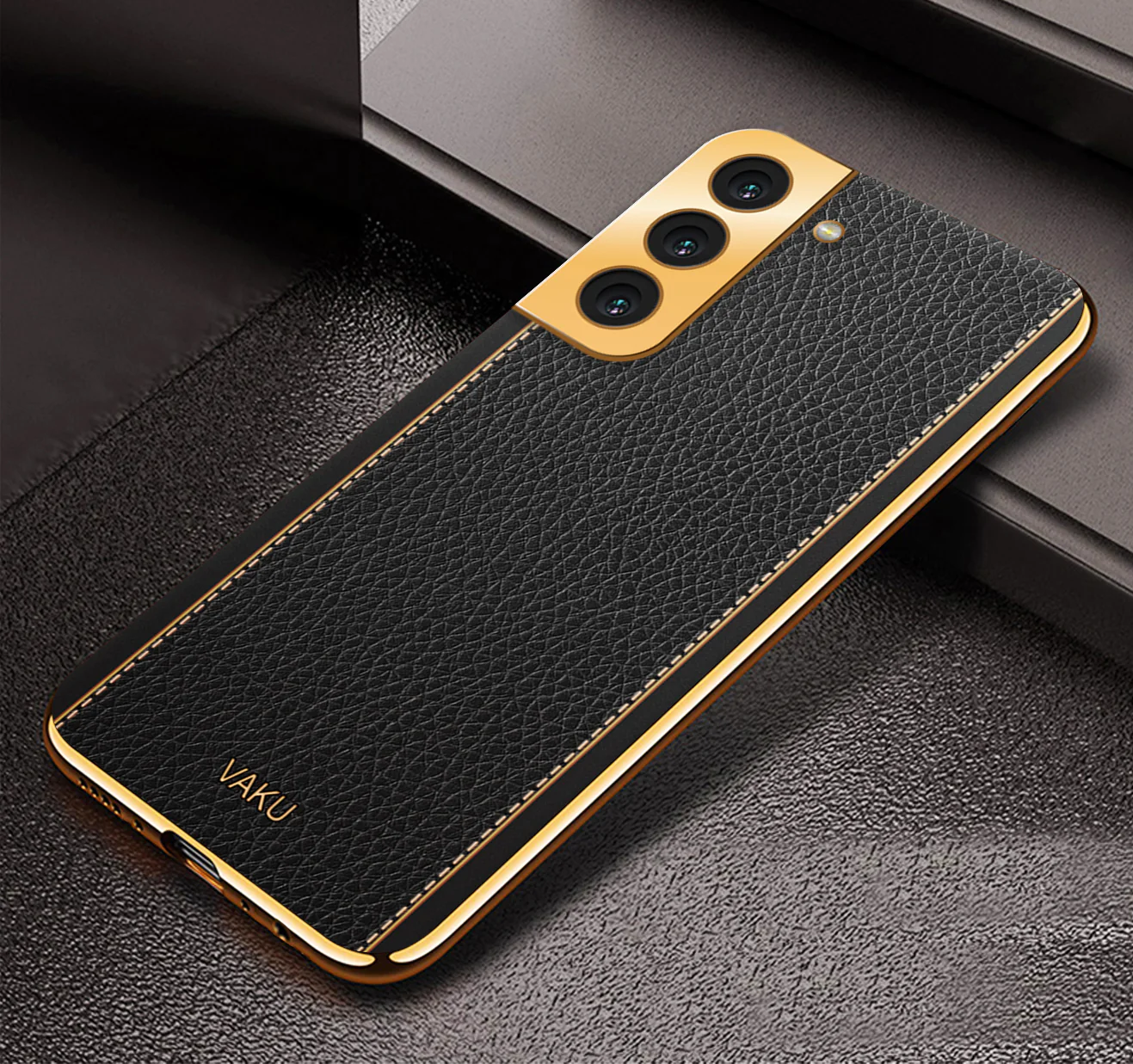 Vaku® Samsung Galaxy S22 Plus Luxemberg Series Leather Stitched Gold Electroplated Soft TPU Back Cover - Image 3