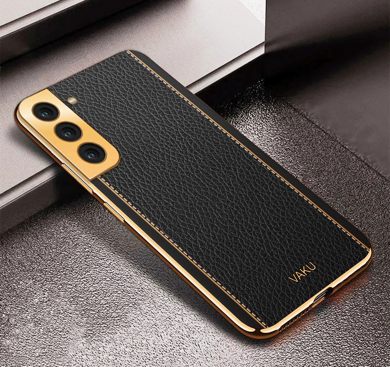 Vaku® Samsung Galaxy S22 Plus Luxemberg Series Leather Stitched Gold Electroplated Soft TPU Back Cover - Image 6