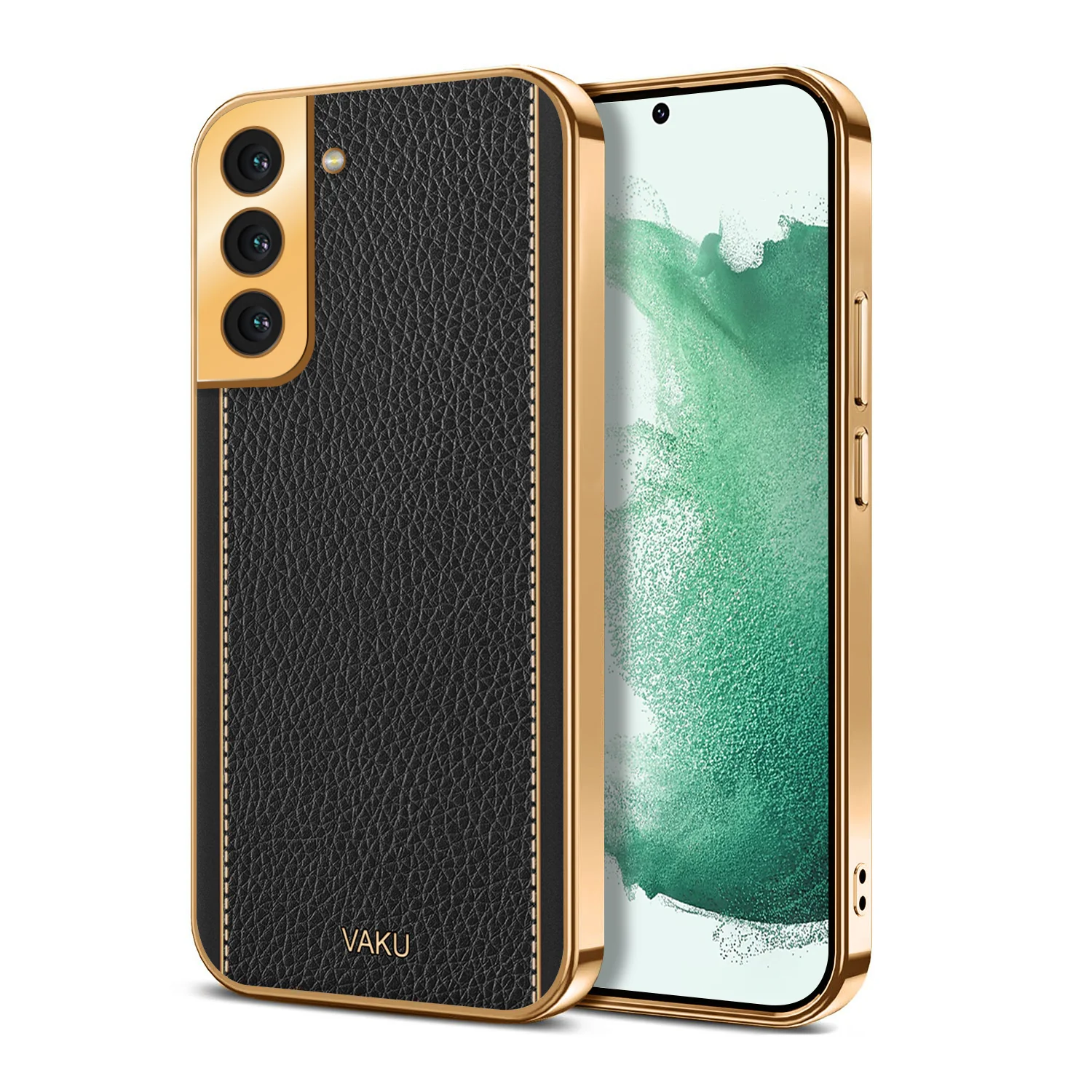 Vaku® Samsung Galaxy S22 Plus Luxemberg Series Leather Stitched Gold Electroplated Soft TPU Back Cover - Image 7