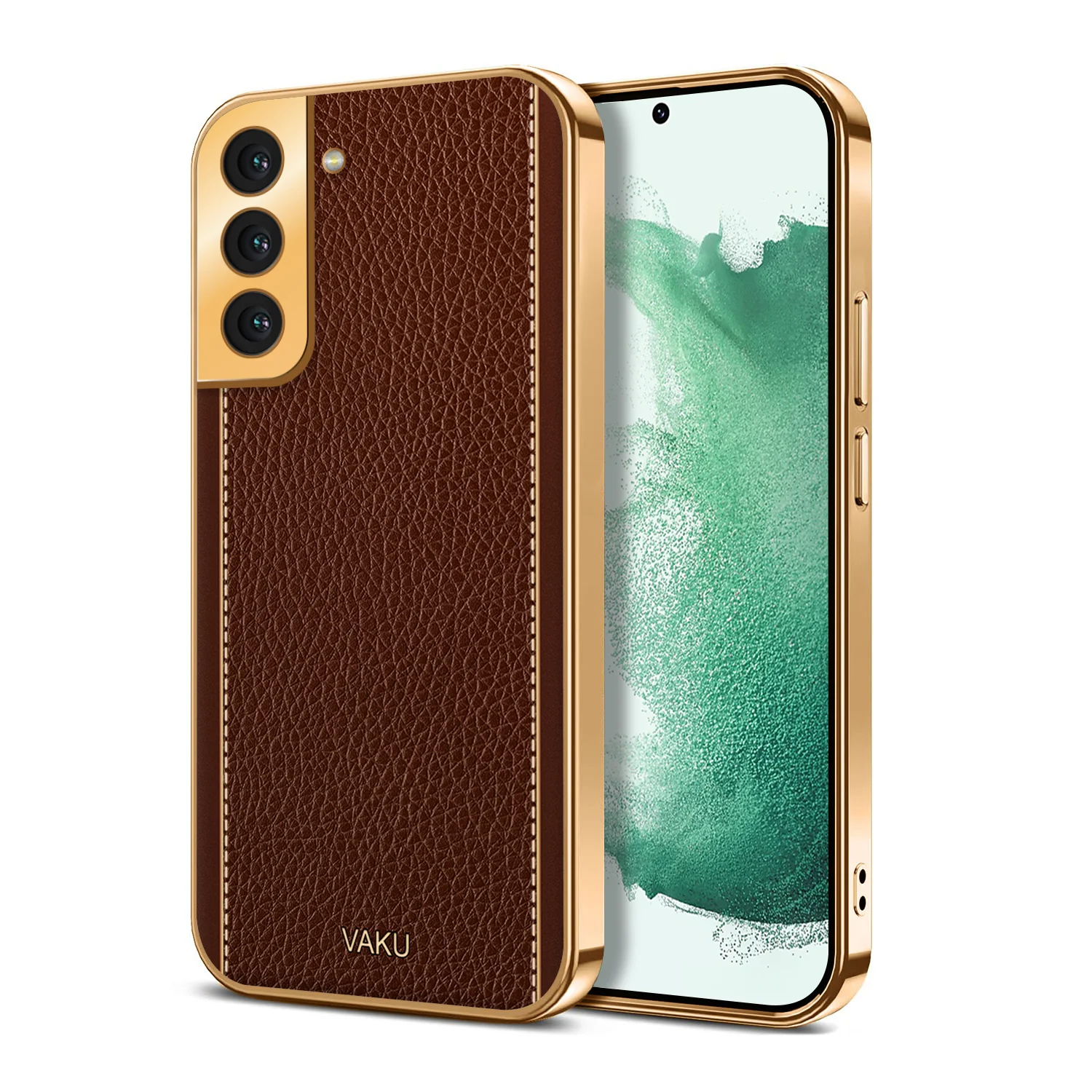 Vaku® Samsung Galaxy S22 Plus Luxemberg Series Leather Stitched Gold Electroplated Soft TPU Back Cover - Image 8