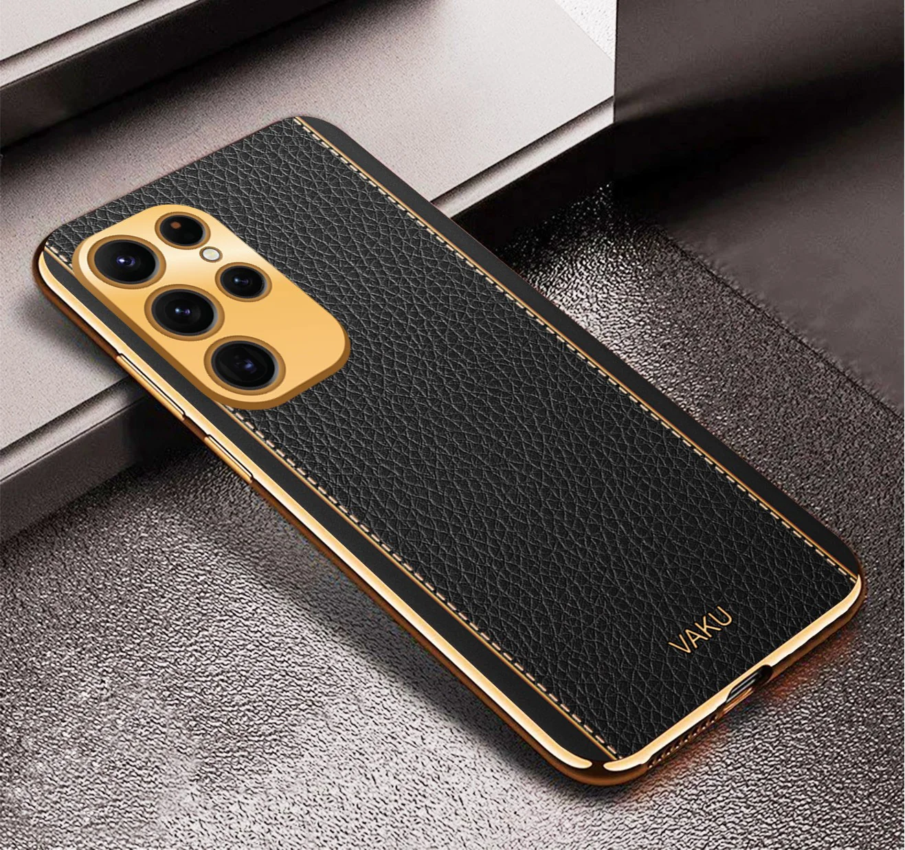 Vaku® Samsung Galaxy S22 Ultra Luxemberg Series Leather Stitched Gold Electroplated Soft TPU Back Cover - Image 10